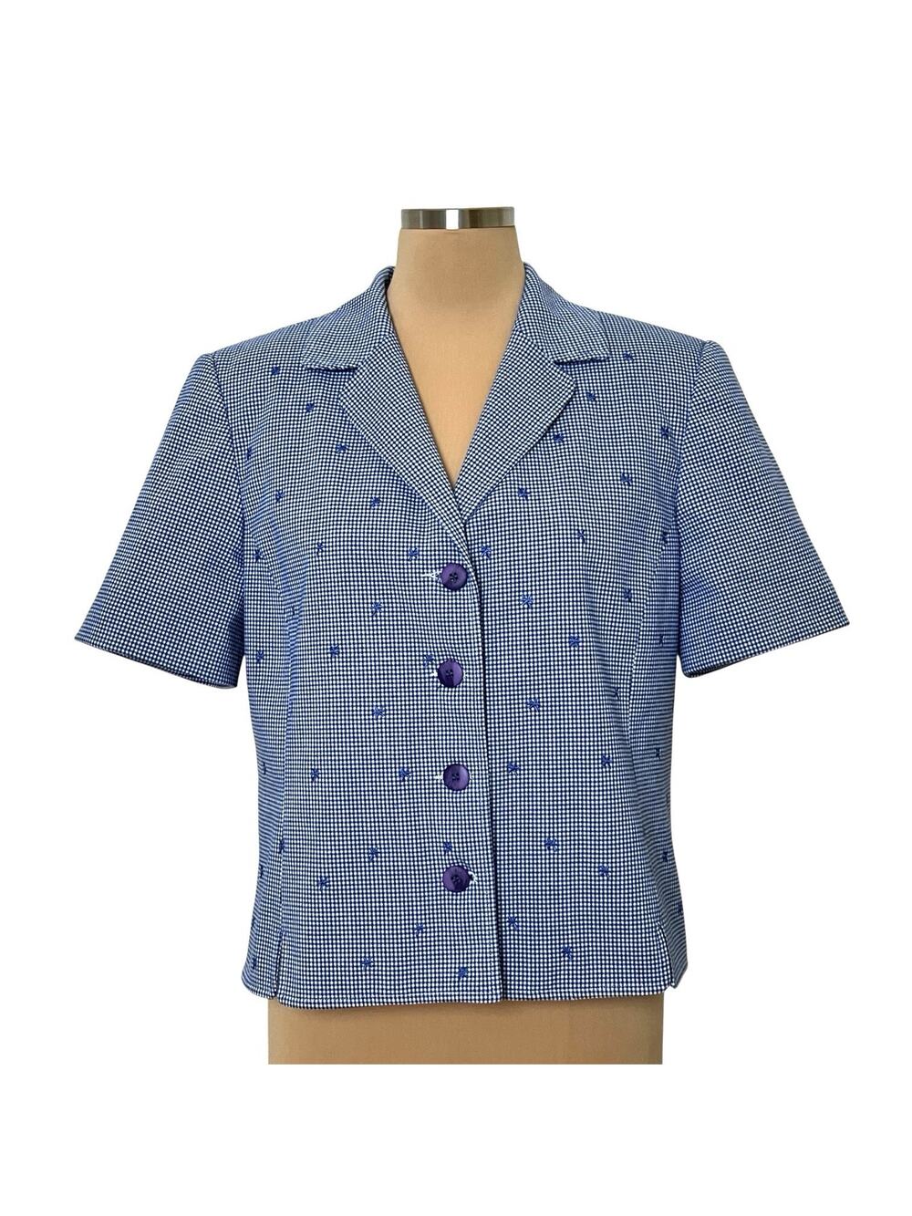 Napa Studio Button Jacket Size 12 Blue Check Embroidered Accents Lined 90s Vtg